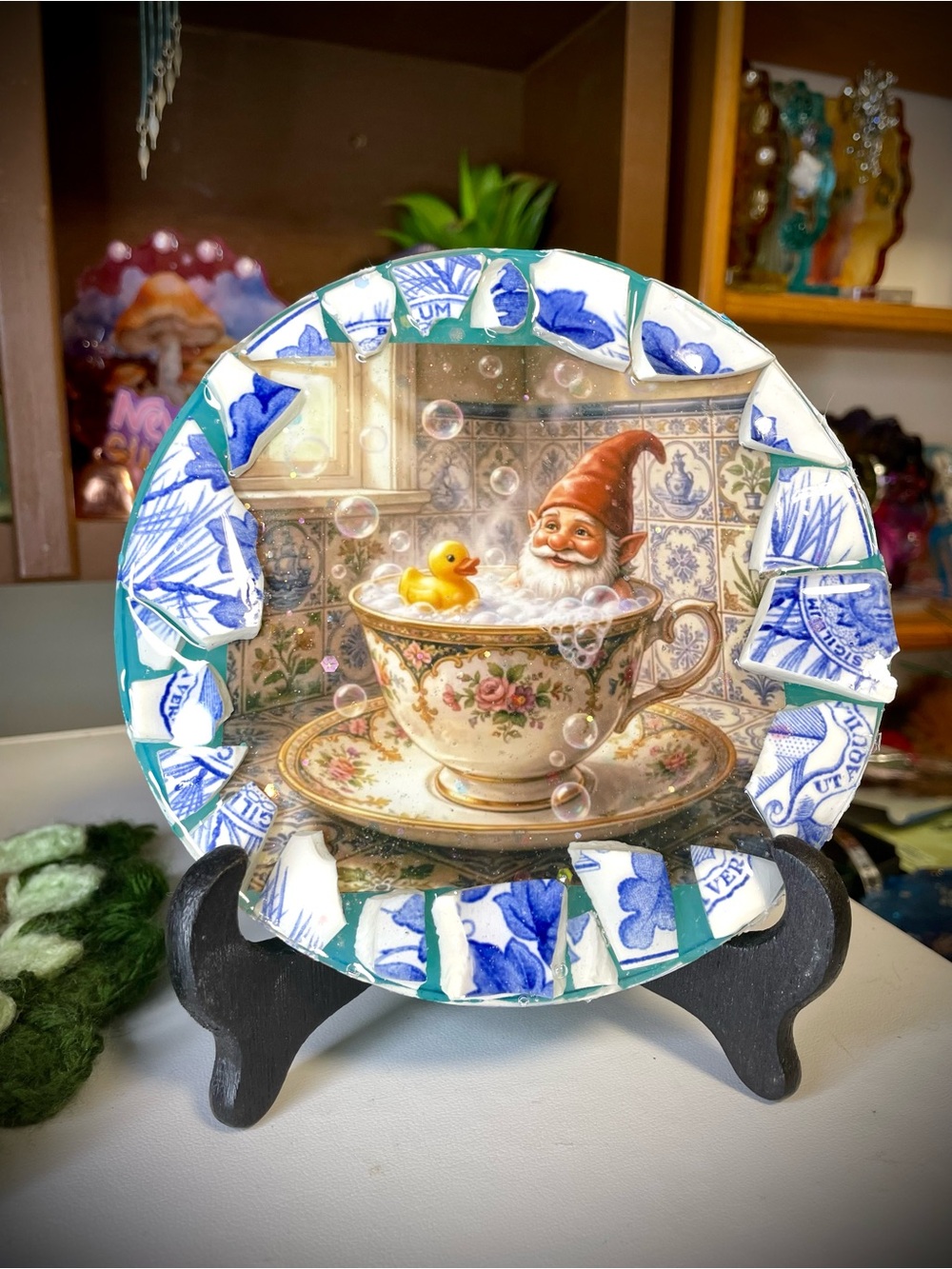 Handmade Gnome in Teacup Mixed Media Plaque Plate Recycled in Resin